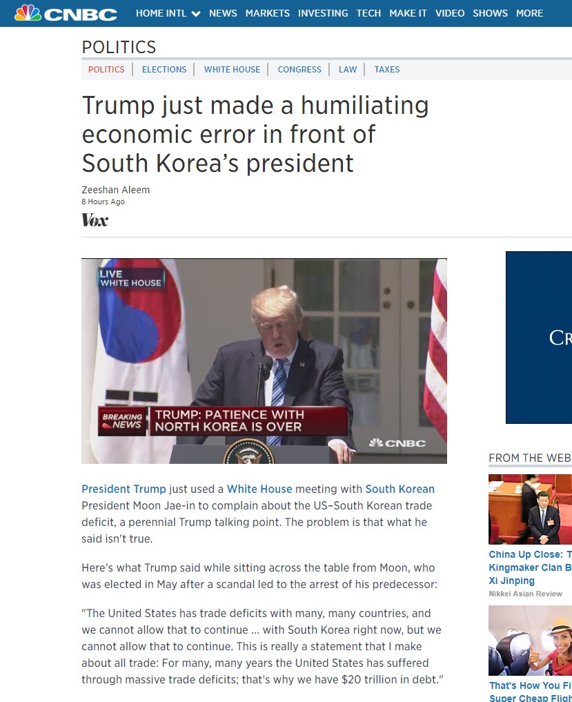 CNBC는 트럼프가 문재인 대통령 앞에서 굴욕적 실수를 했다며 비판했다 / CNBC