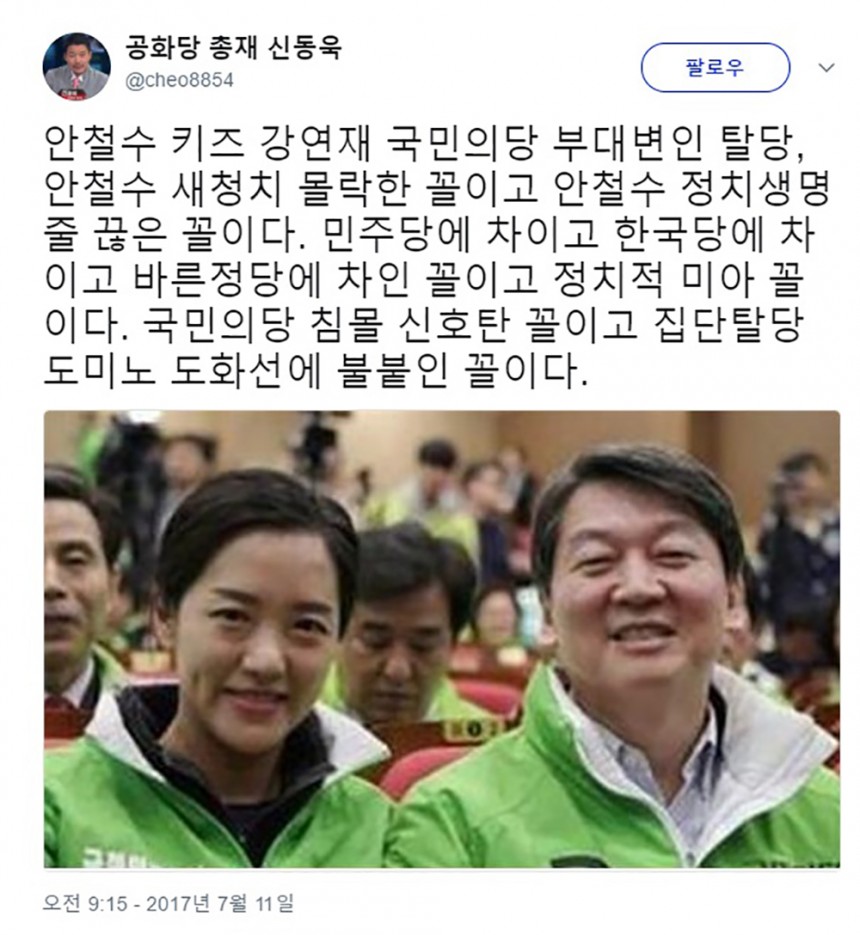 국민의당 부대변인 강연재 탈당 / 신동욱 공화당 총재 트위터 화면 캡처