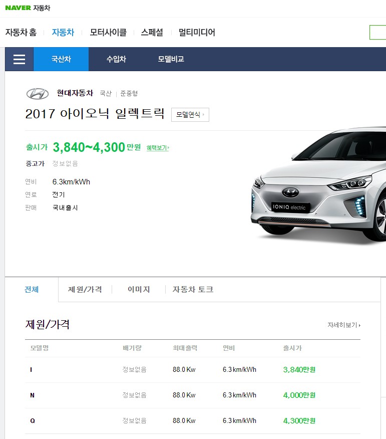 현대 아이오닉 일렉트릭 / 네이버 자동차