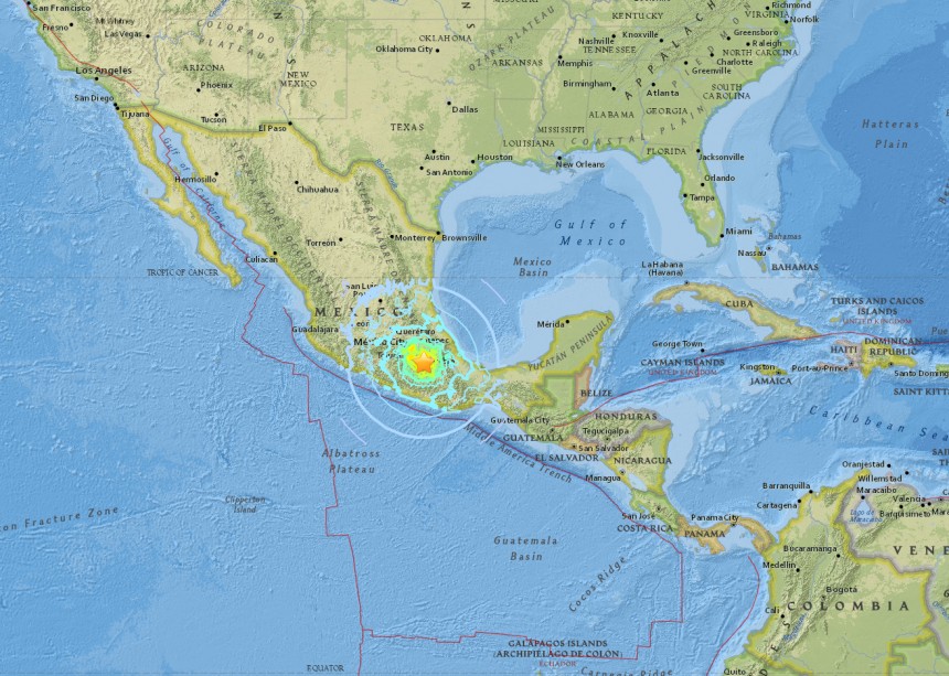 멕시코 지진 발생 위치 / 미국 지질조사국