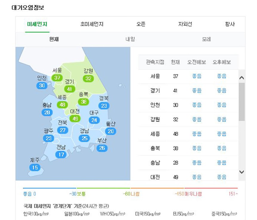 12일 미세먼지 농도 / 네이버 날씨정보 