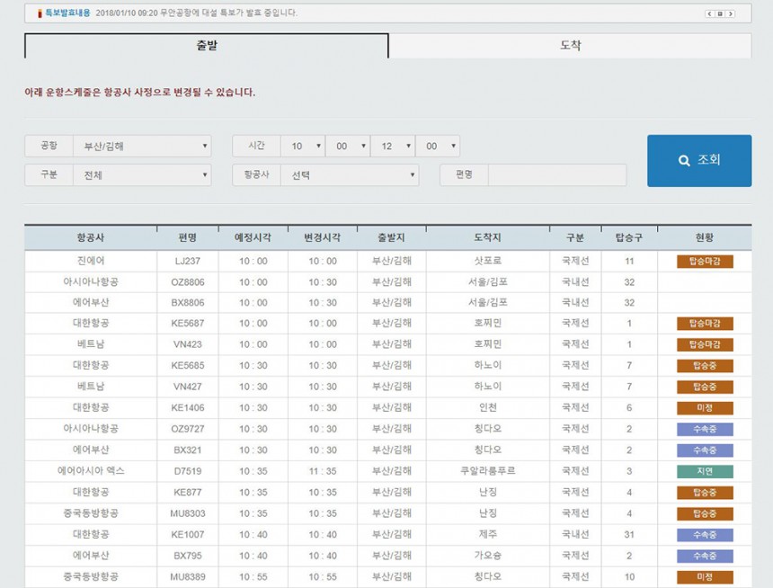 김해공항 실시간 운항정보 캡처