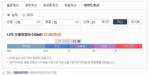 ‘BMI 계산하기’, 175cm 70kg 27세 남성은 22.86으로 정상