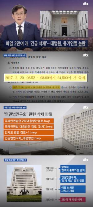 ‘JTBC 뉴스룸’ 양승태 대법원, 2만 4500개 파일 삭제 확인…’국제인권법연구회’ 관련 파일 포함