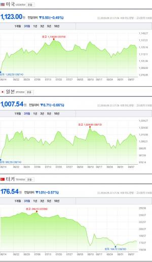 13일 저녁, 원-달러-일본 엔화-터키 리라화 환율은…‘모두 하락세’