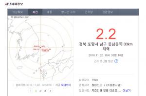 경북 포항 앞바다 규모 2.2 지진…기상청 “지진 피해 없을 것”