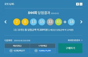 제 844회 동행복권 1등 로또 당첨번호 공개…다음회차 845회 1등 예상 수령액 및 번호는?