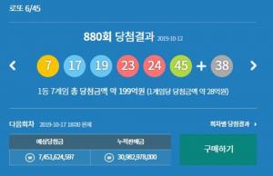 동행복권 제 880회 로또번호 1등 조회, 다음회차 881회 예상 당첨금은?