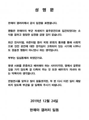 “너무나도 경솔한 행동” 차세찌 부인 한채아, 팬 갤러리 공식 입장 성명문 표명 