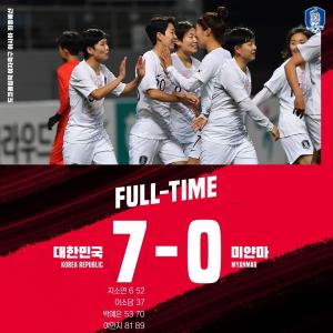 한국, 미얀마 7-0 대파하고 여자축구 도쿄올림픽 본선행 성큼…지소연-박예은-여민지 멀티골