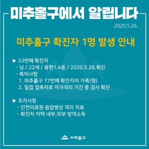 [속보] 미추홀구청, 33번째 코로나19 확진환자 1명 추가 발생·이동경로…부천 라온파티 관련 확진환자 접촉자