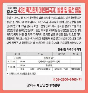 [속보] 강서구청, 코로나19 43번 확진자 발생 공개…해외입국자, 등촌1동