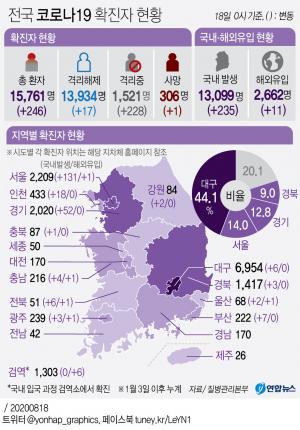 &apos;5일간 1천명 육박&apos; 코로나19 신규확진 246명중 지역발생 235명…&apos;슈퍼전파지&apos;된 사랑제일교회 감염자 급증