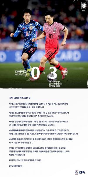 "벤투 감독 비난 온당치 않아"…대한축구협회(KFA), 축구 한일전 패배 사과