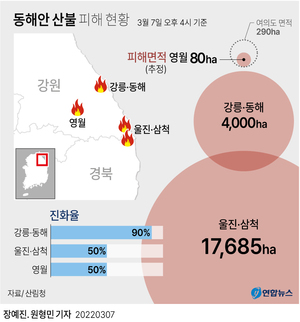 [동해안 산불] 헬기 82대 투입…풍향 바뀌기 전 화두 제압(강원 경북 산불 진화)