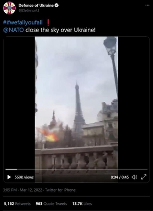 "에펠탑 공습까지 지켜볼거냐" 우크라, 서방에 합성영상 시위(러시아 우크라이나 전쟁)