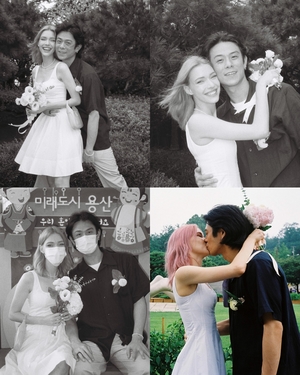 빈지노♥미초바, 용산구청 앞에서 결혼…드레스 사진도 남달라