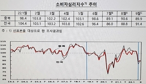 9월 충북 소비자심리지수 전월대비 0.7Ｐ↓