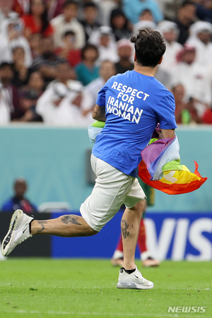 "이란 여성에 대한 존중" 월드컵 경기장에 무지개 깃발 들고 난입한 남성 [뉴시스Pic]