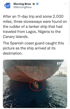 목숨걸고 11일간 선박 방향타에 매달려 밀항한 나이지리아인들