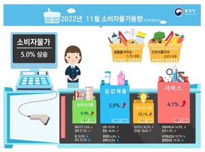 11월 소비자물가 5.0%↑…상승 폭 7개월 만에 최저(2보)