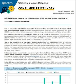 OECD 10월 CPI, 10.7% 올라 9월 10.5%보다 증가폭 소폭 늘어