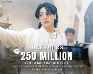 [BTS News] 방탄소년단 정국, &apos;Dreamers&apos; 역대 한국인 솔로곡 &apos;최단&apos; 스포티파이 2억 5000만 스트리밍 돌파...&apos;글로벌 히트송&apos; 초특급 파워