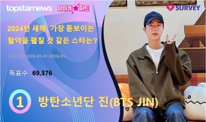 방탄소년단 진, &apos;2024년 새해, 가장 돋보이는 활약을 펼칠 것 같은 스타는?&apos; 아이돌차트폴 1위…이병찬·이솔로몬 뒤이어