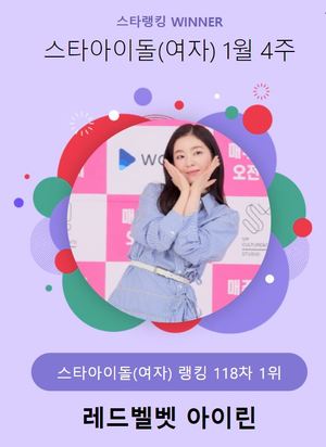 레드벨벳 아이린, 16,416표로 1월 4주 스타 아이돌(여자) 1위…소녀시대 윤아 뒤이어(스타랭킹)