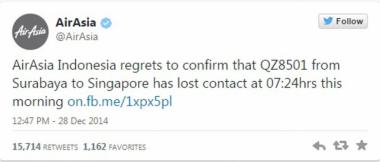 에어아시아, 트위터 통해 QZ8501 항공기 언급…“통신 두절 유감이다”