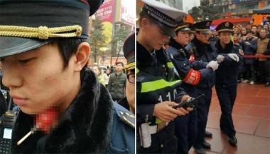 단속중인 경찰 목 ‘꼬치’로 찌른 상인
