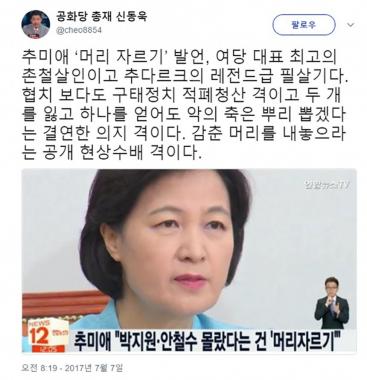 추미애 ‘머리 자르기’발언, 신동욱 “여당 대표 최고의 촌철살인이고 추다르크의 레전드급 필살기”