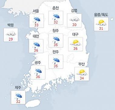 날씨예보, 6일 오후 중부 지방에는 20mm이상의 폭우 예상