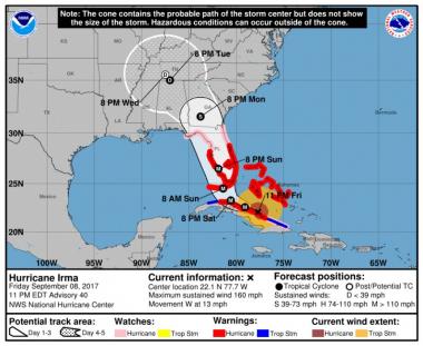 플로리다 주지사, 허리케인 어마 접근에 대피령…최고풍속 160마일인데 4등급?